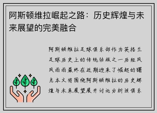 阿斯顿维拉崛起之路：历史辉煌与未来展望的完美融合