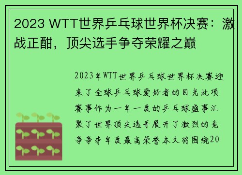 2023 WTT世界乒乓球世界杯决赛：激战正酣，顶尖选手争夺荣耀之巅