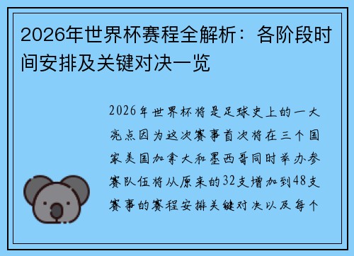 2026年世界杯赛程全解析：各阶段时间安排及关键对决一览